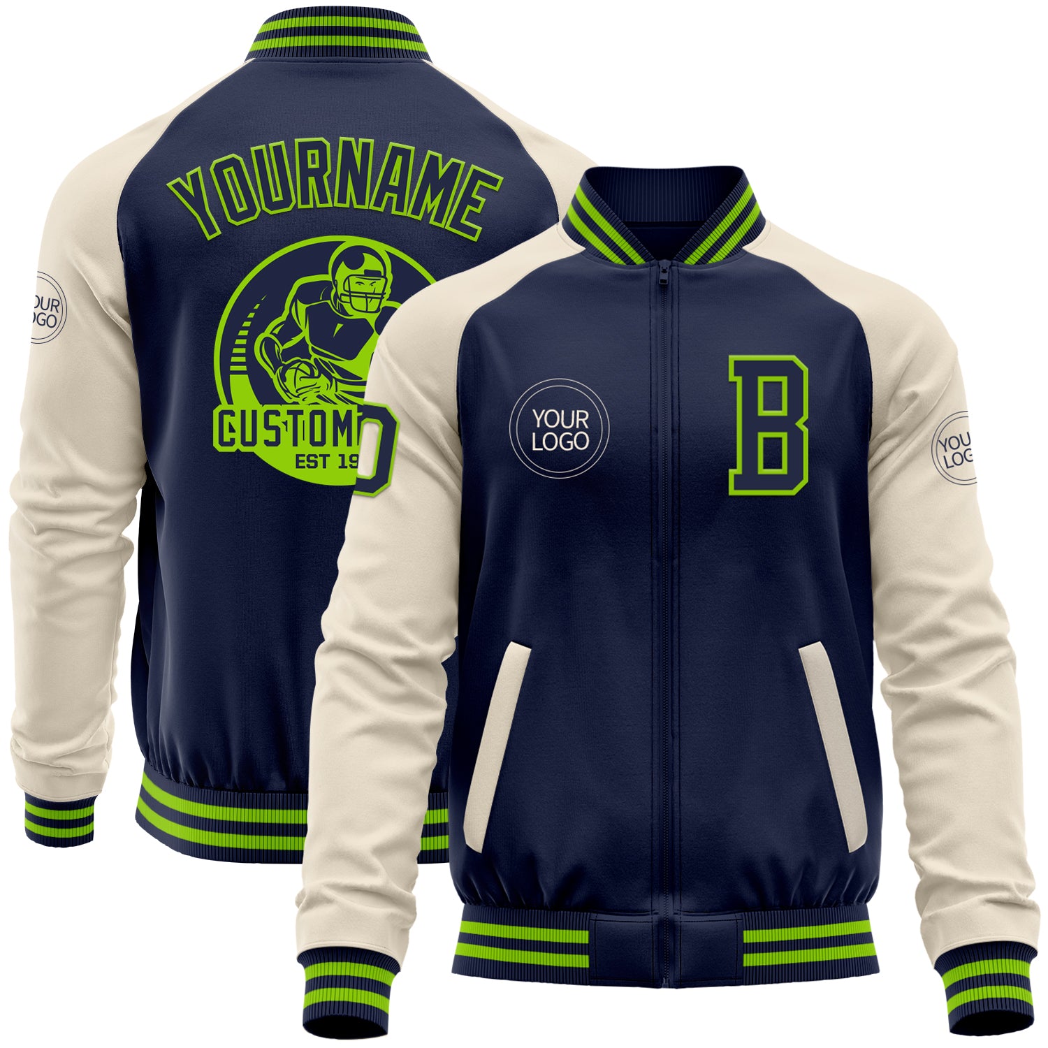 Custom Neon Green Navy-White Grid Varsity Full-Zip Color Block Letterman Raglan Sleeve Jacket main image 1