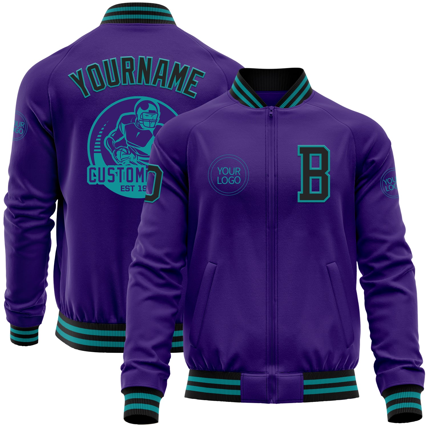 Custom Purple Black-White Varsity Full-Zip Raglan Sleeves Letterman Bomber Jacket main image 1