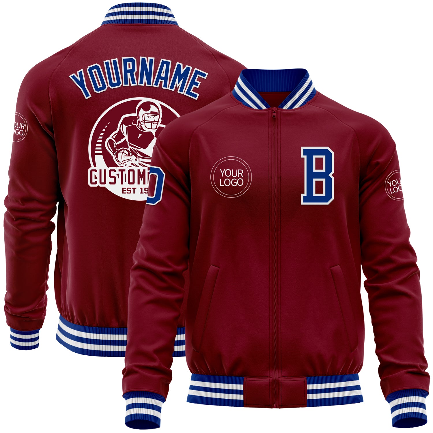 Custom Red Royal-White Varsity Full-Zip Letterman Bomber Jacket main image 0