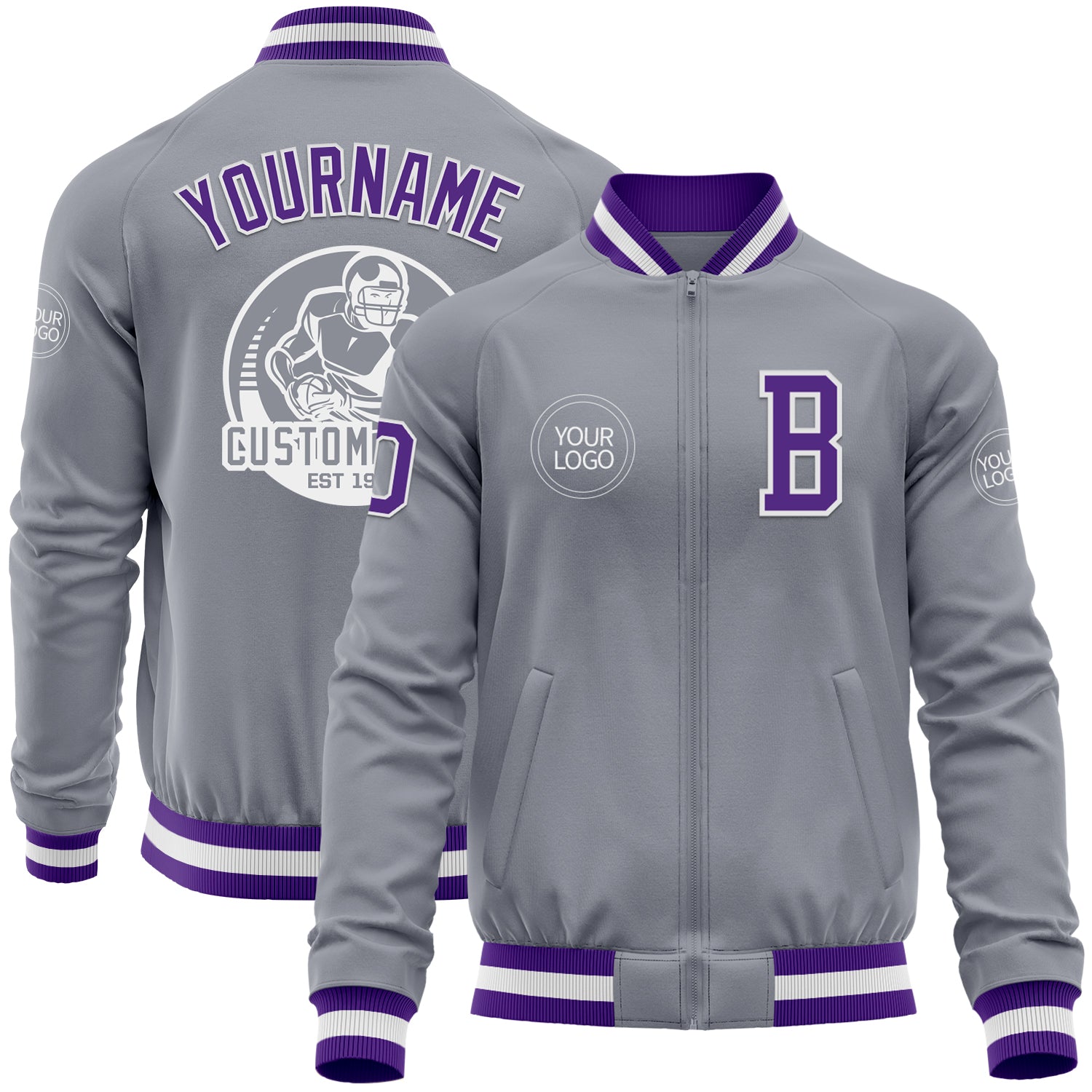 Custom Gray Purple Varsity Full-Snap Star Pattern Letterman Baseball Jacket main image 1