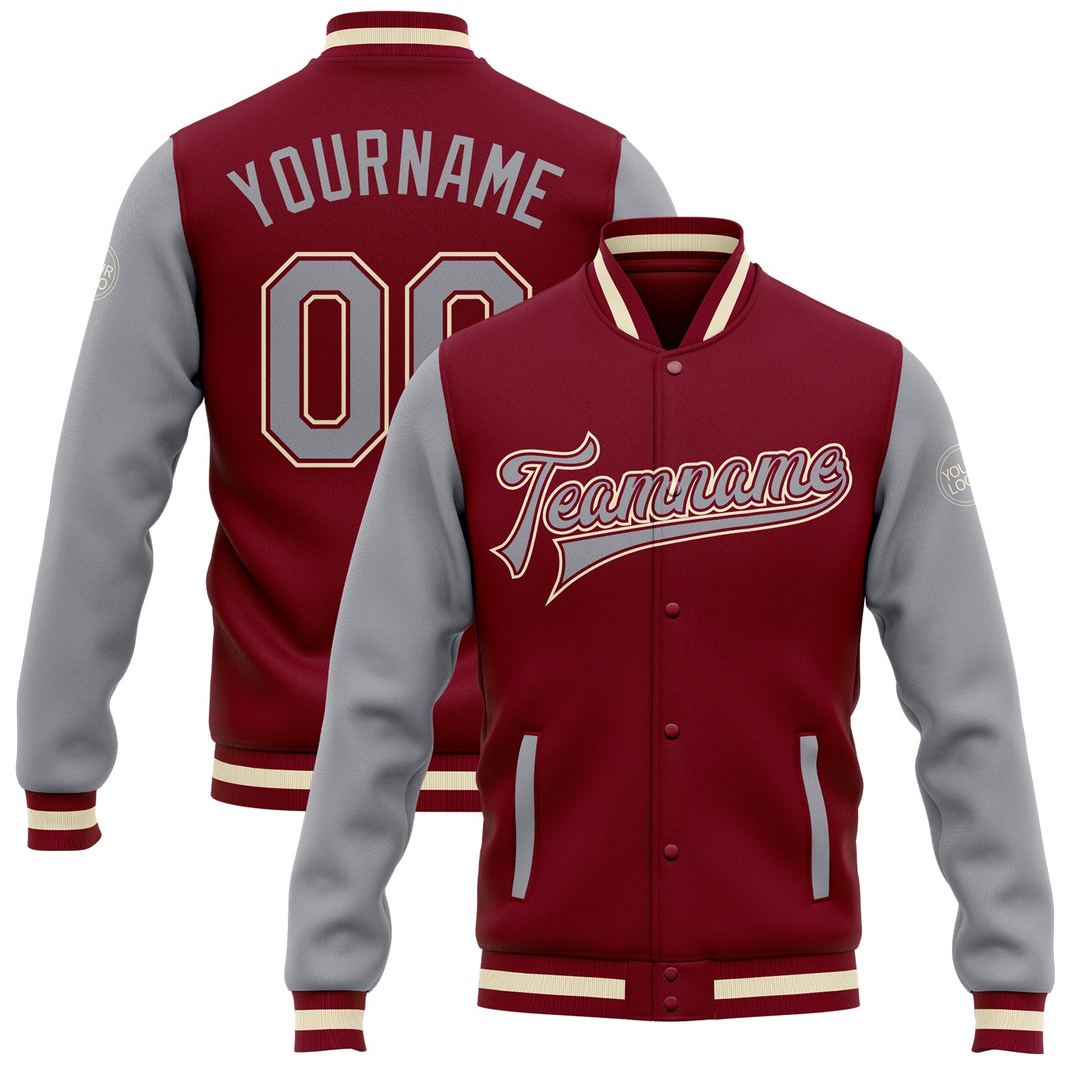 Custom Light Gray Crimson Varsity Full-Snap Raglan Sleeves Letterman Baseball Jacket main image 1
