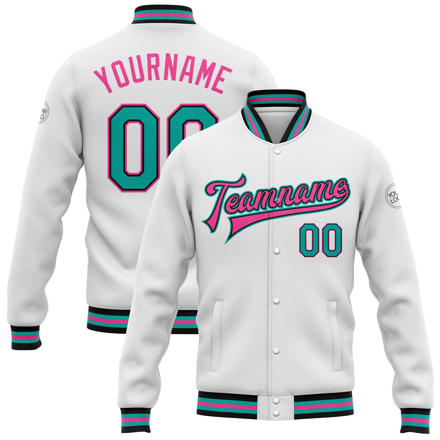 Custom Navy Pink-White Varsity Full-Snap Color Block Letterman Jacket main image 1
