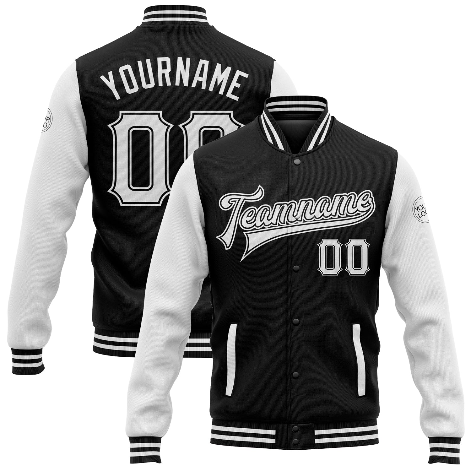 Custom Black White Bomber Full Snap Varsity Letterman Two Tone Jacket custom-black-white-bomber-full-snap-varsity-letterman-two-tone-jacket