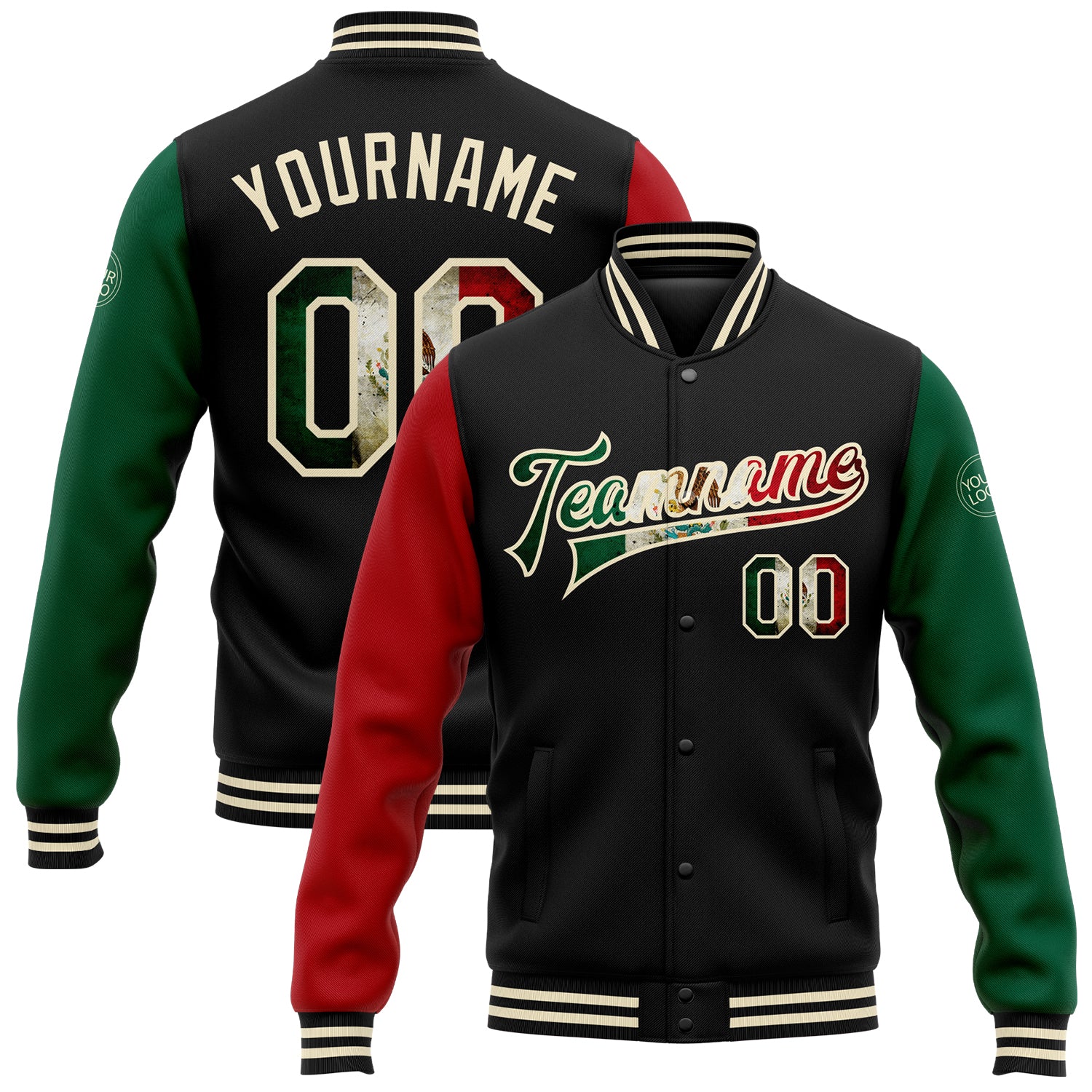 Custom Black Vintage Mexican Flag Cream Kelly GreenRed Bomber Full