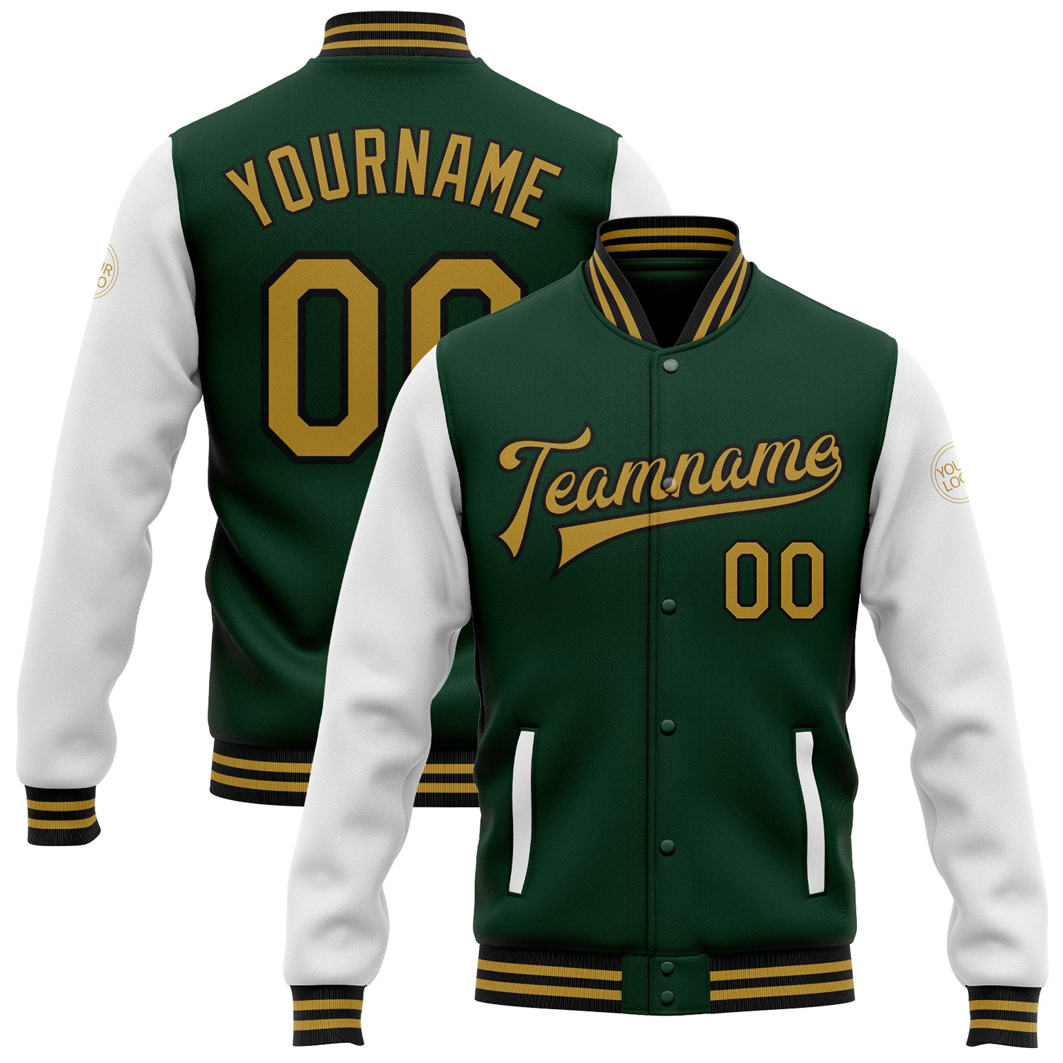 Custom Green Old Gold Black Bomber Full Snap Varsity Letterman Two Tone custom-green-old-gold-black-bomber-full-snap-varsity-letterman-two-tone