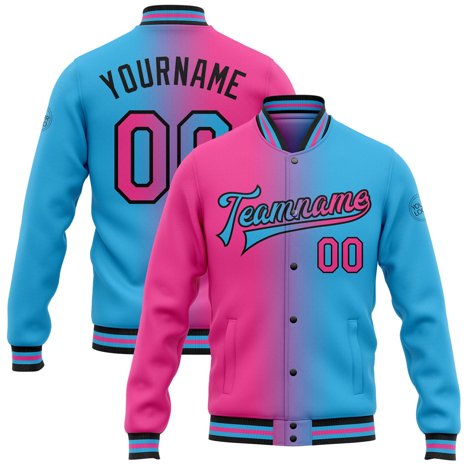 Custom Powder Blue Pink-White Letter Full-Zip Varsity Bomber Jacket main image 0