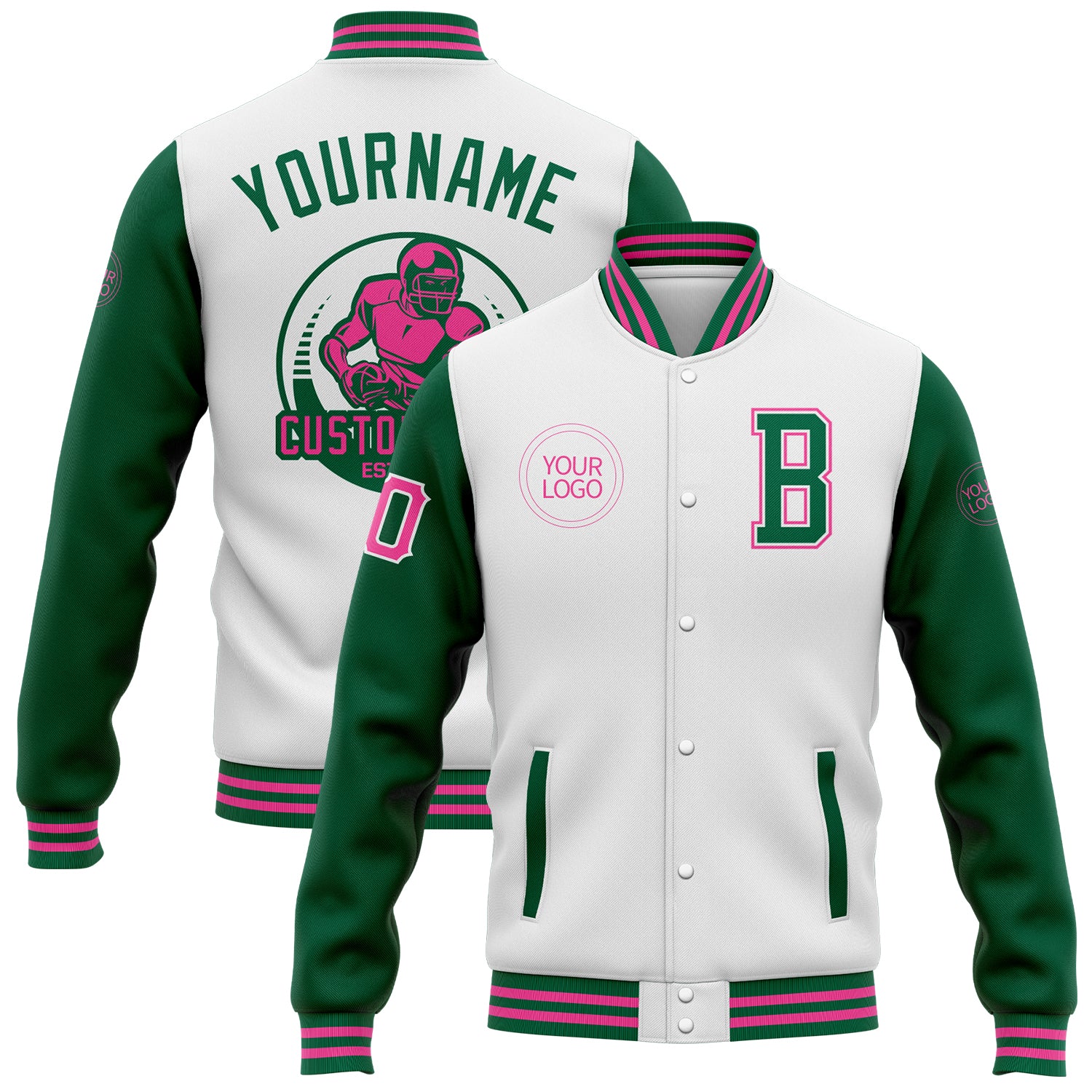 custom-white-kelly-green-pink-bomber-full-snap-varsity-letterman-two