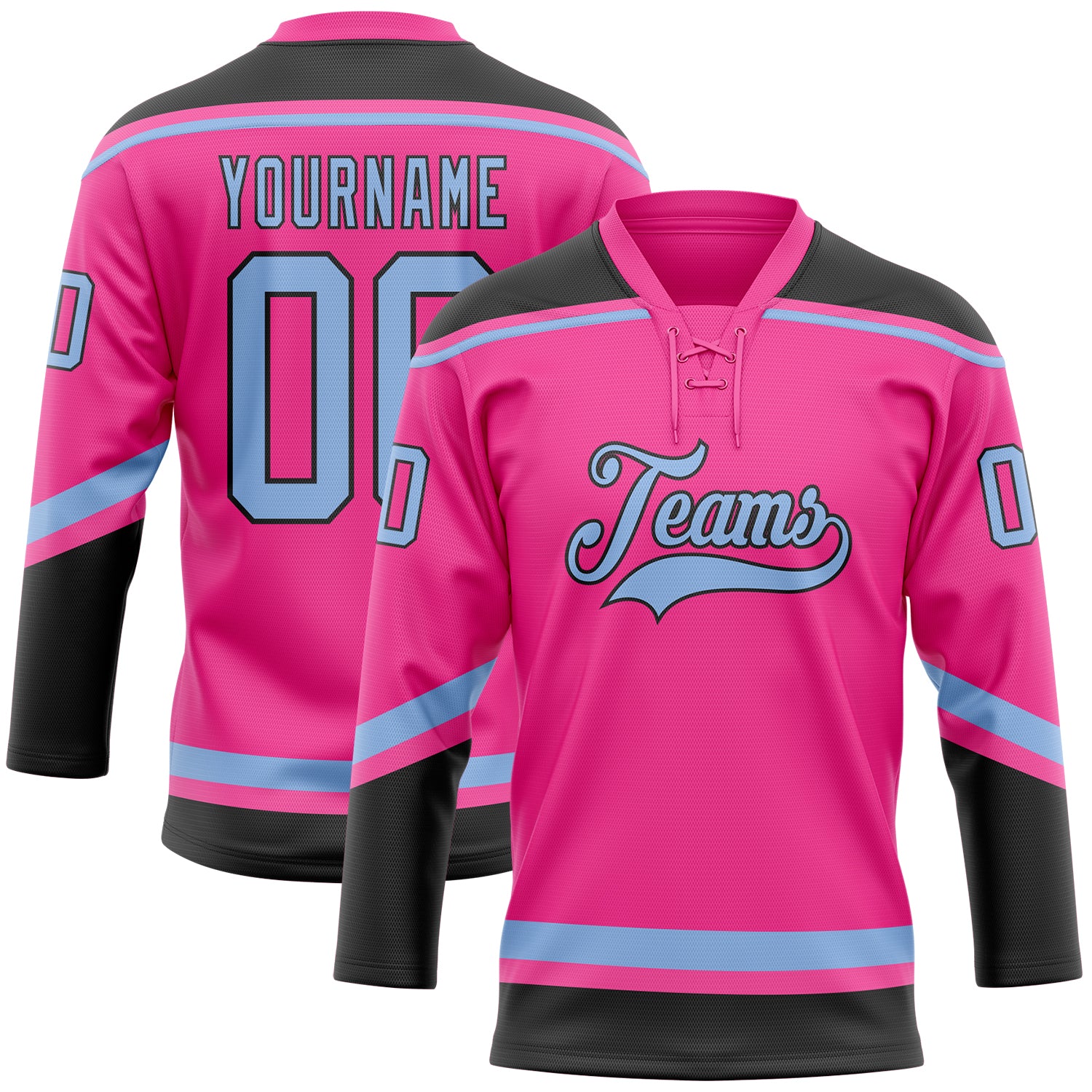 Custom Powder Blue Pink Black-White Classic Style Hockey Jersey main image 0