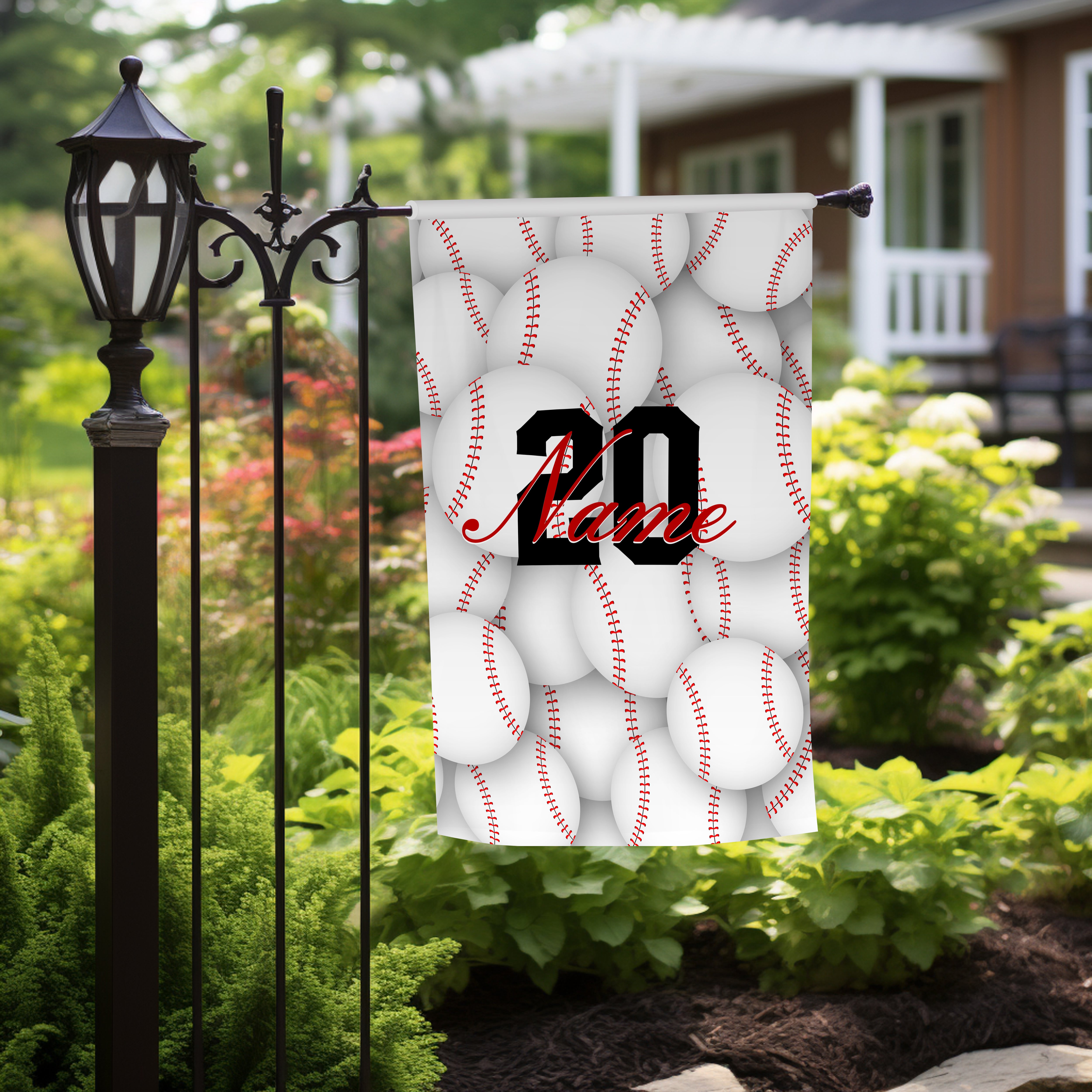 Personalized White Black Baseball Name Garden Flag