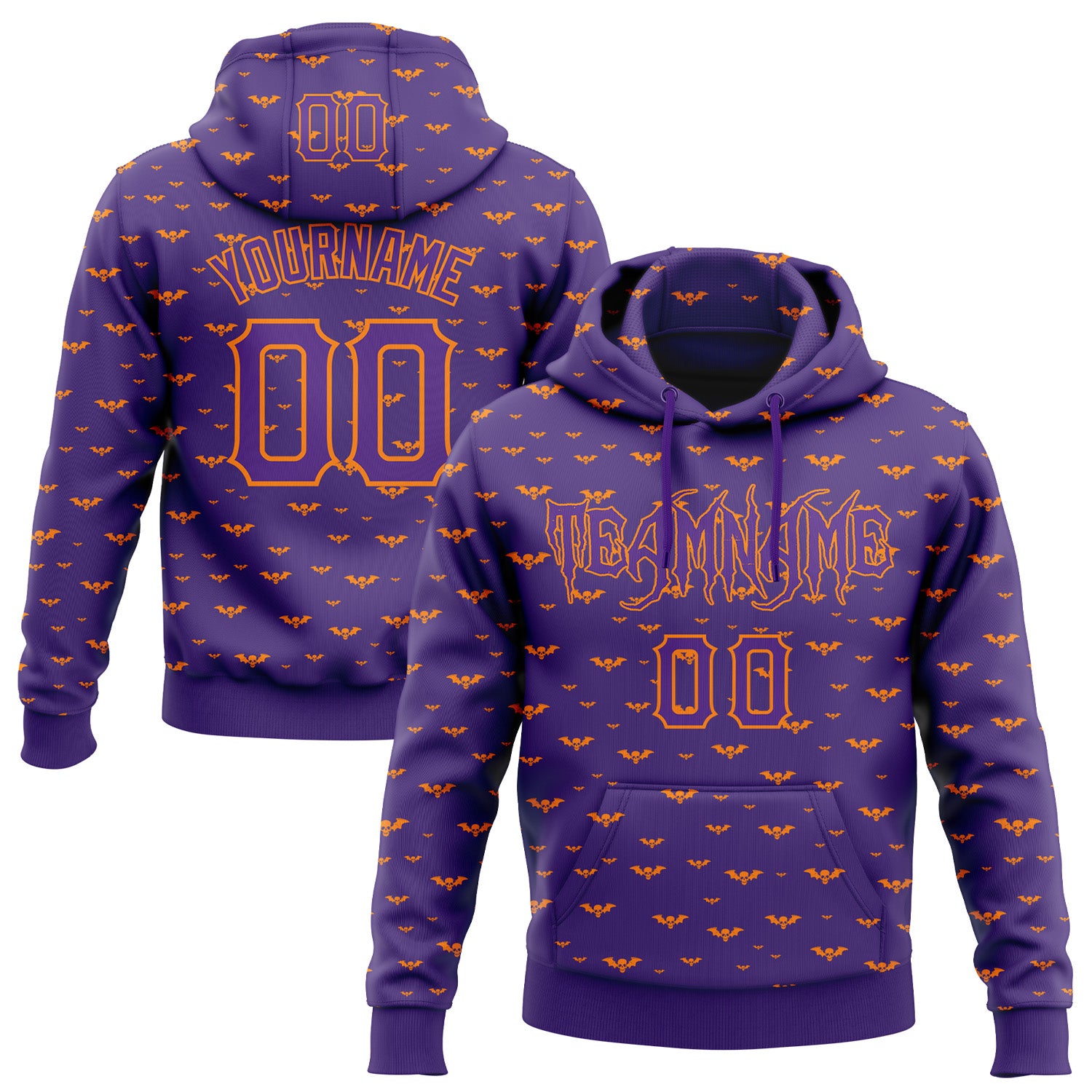 Custom Purple Bay Orange 3D Halloween Bat Skull Doodle Party Costume Ideas Sports Pullover Sweatshirt Hoodie