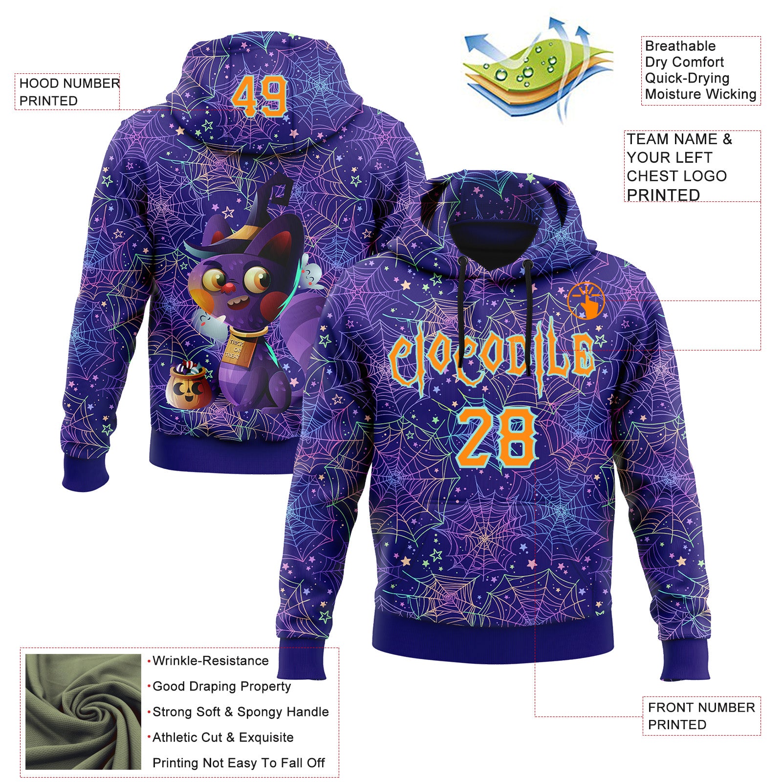 Custom Dark Purple Bay Orange-Ice Blue 3D Halloween Spider Net Horror Night Trick Treat Party Costume Ideas Sports Pullover Sweatshirt Hoodie