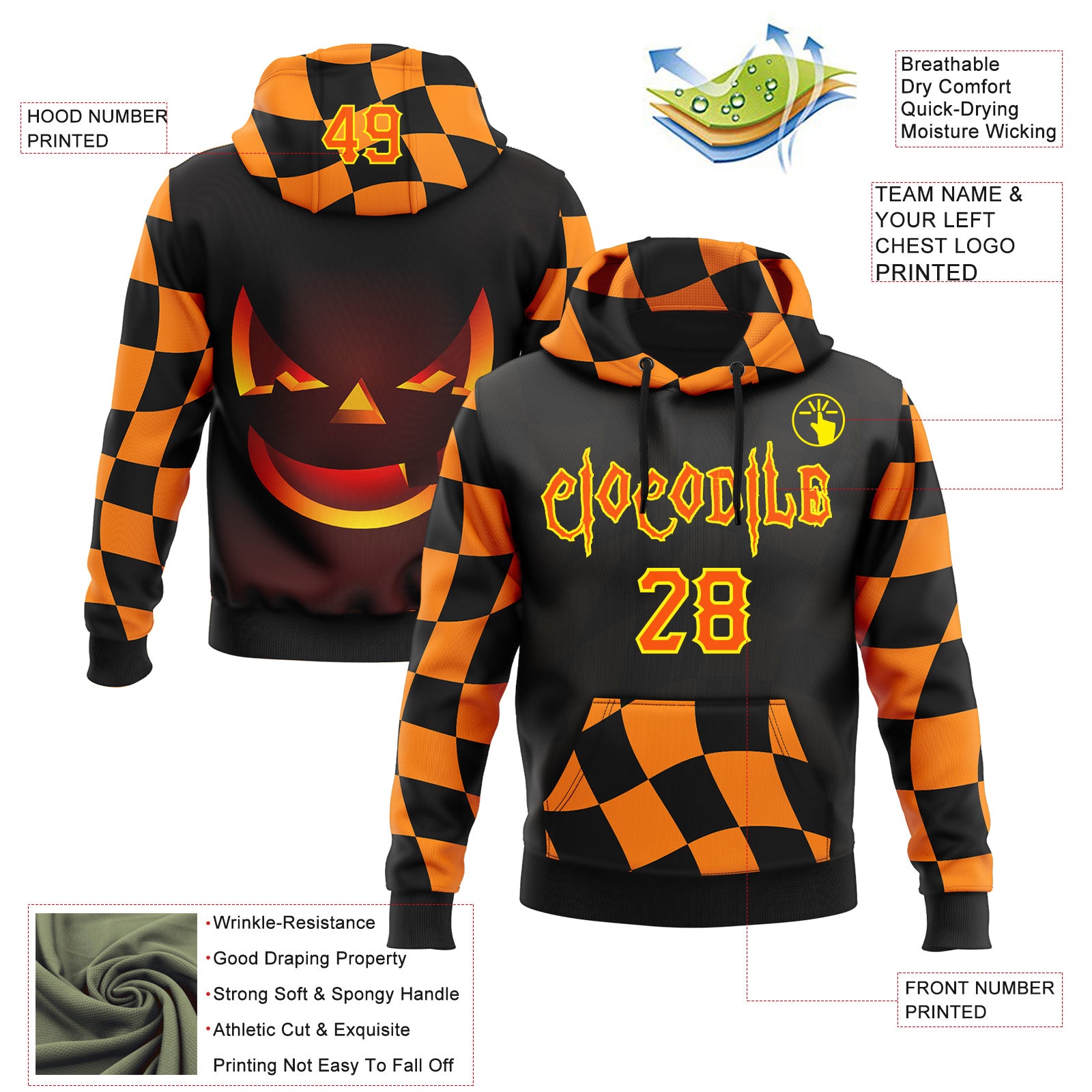 Custom Black Orange-Light Yellow 3D Halloween Checkboard Pumpkin Party Costume Ideas Sports Pullover Sweatshirt Hoodie