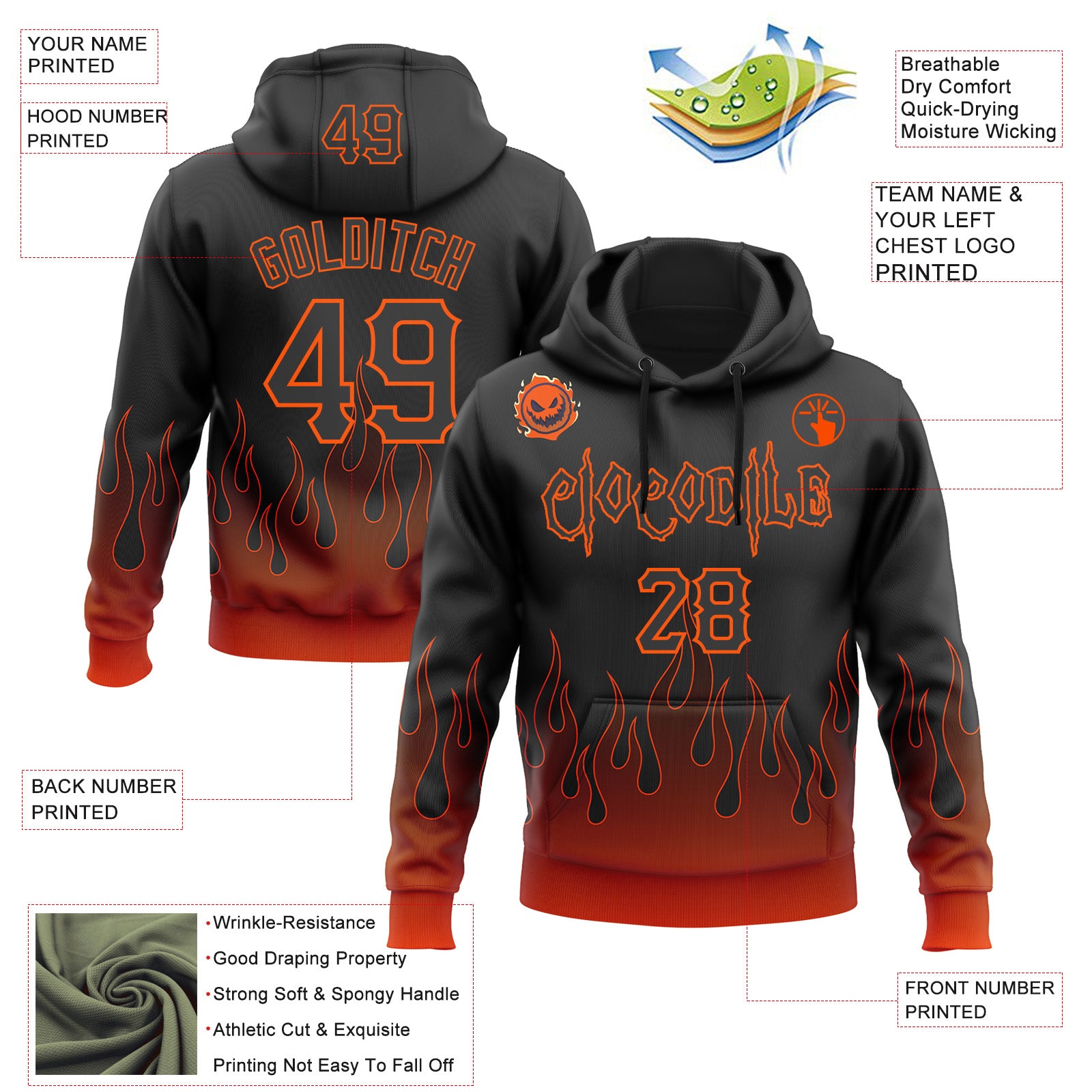 Custom Black Orange 3D Halloween Flame Pumpkin Party Costume Ideas Sports Pullover Sweatshirt Hoodie