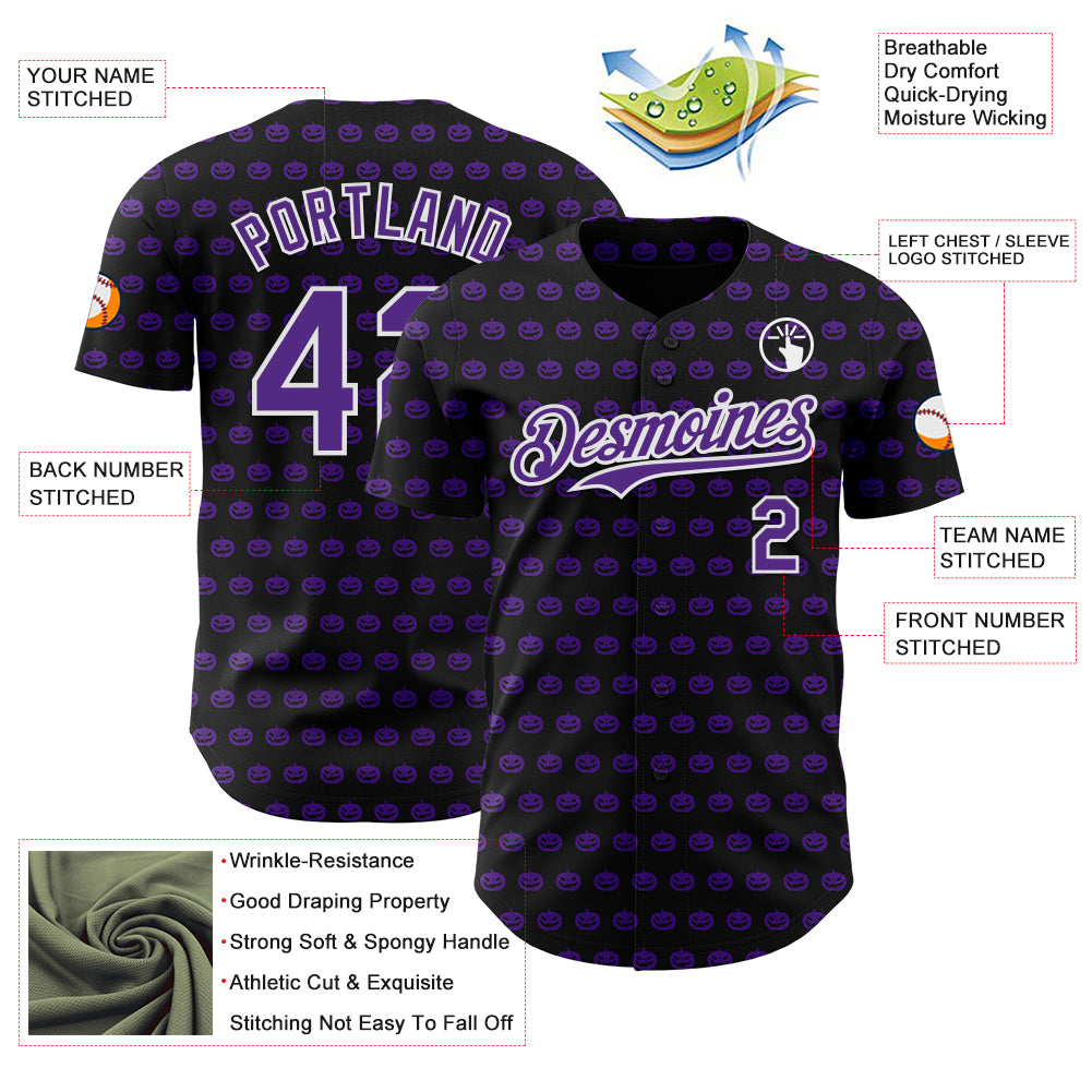 Custom Black Purple-White 3D Halloween Pumpkin Party Costume Ideas Authentic Baseball Jersey