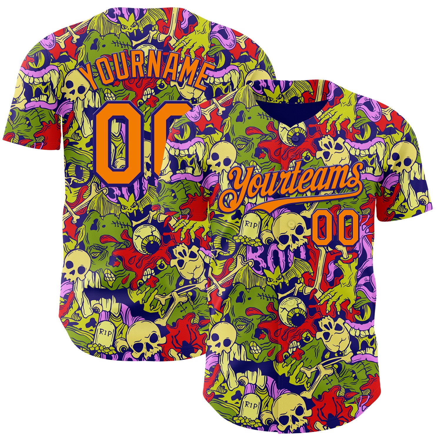 Custom Dark Purple Bay Orange 3D Halloween Skull Doodle Party Costume Ideas Authentic Baseball Jersey