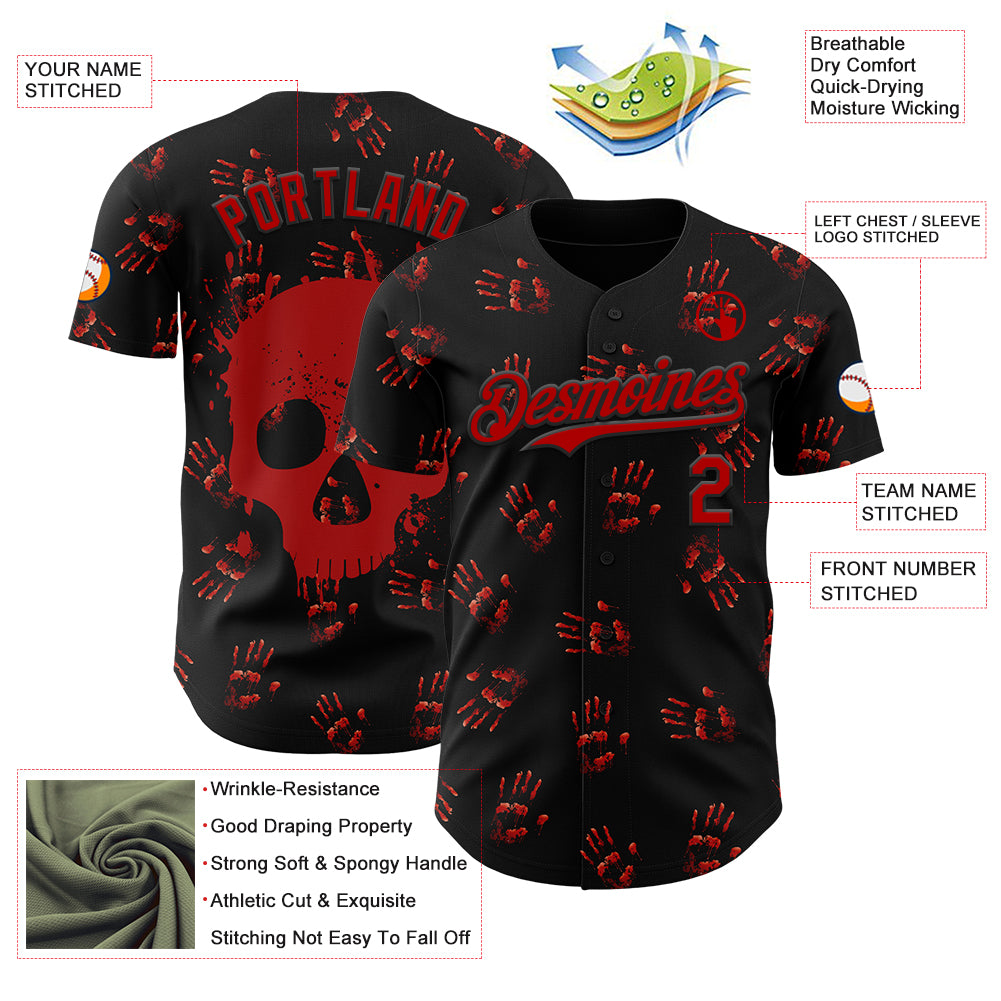 Custom Black Red 3D Halloween Skull Horror Night Trick Treat Party Costume Ideas Authentic Baseball Jersey