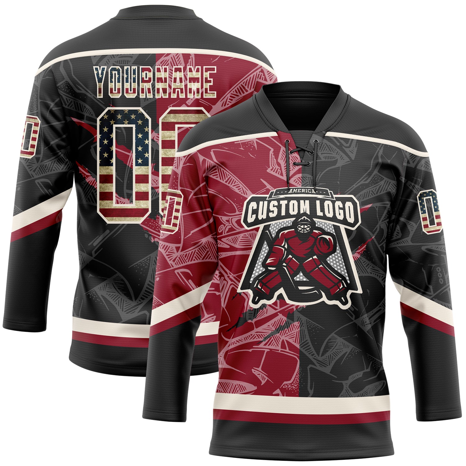 Custom Black Vintage USA Flag Crimson-Cream 3D Pattern Gradient Fashion Scratch Hockey Lace Neck Jersey