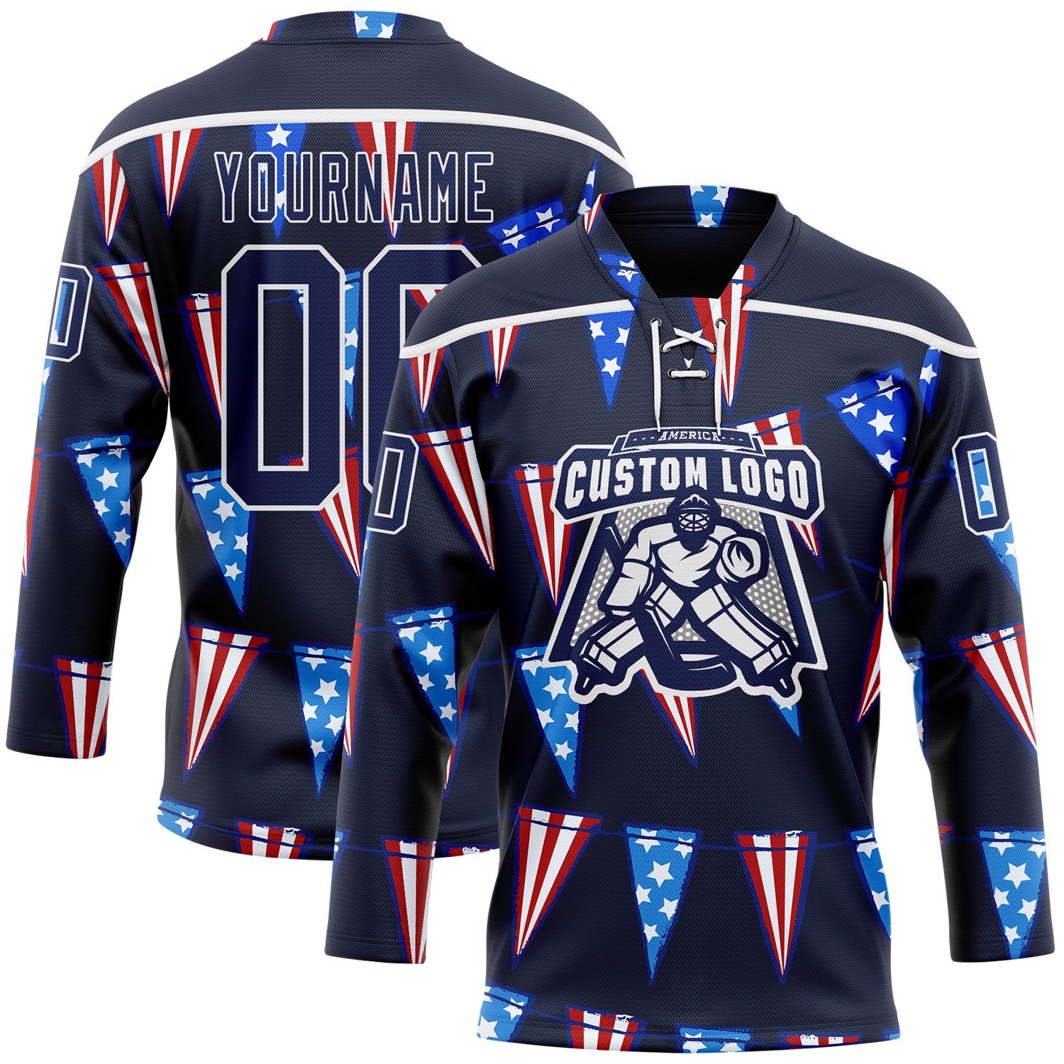 Custom Navy Red Royal-White American Flag Hockey Lace Neck Jersey
