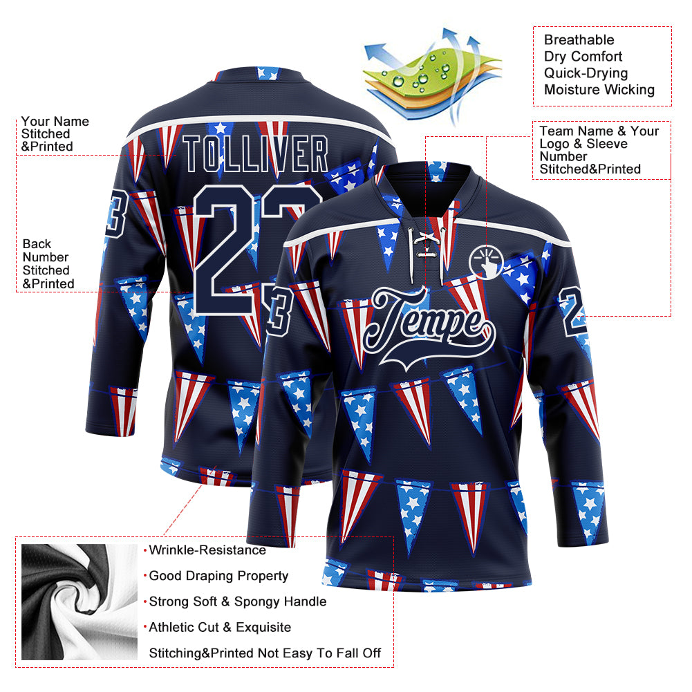 Custom Navy Red Royal-White American Flag Hockey Lace Neck Jersey