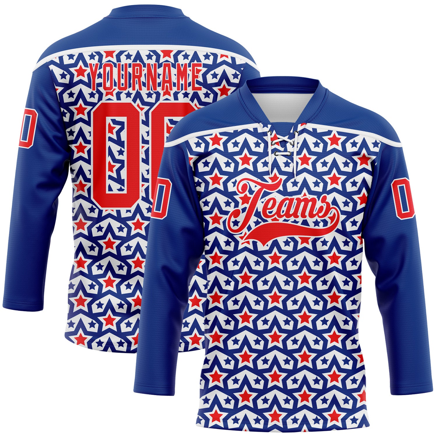 Custom Royal Fire Red-White American Flag Hockey Lace Neck Jersey