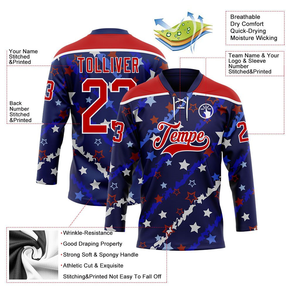 Custom Blue Red-White American Flag Hockey Lace Neck Jersey