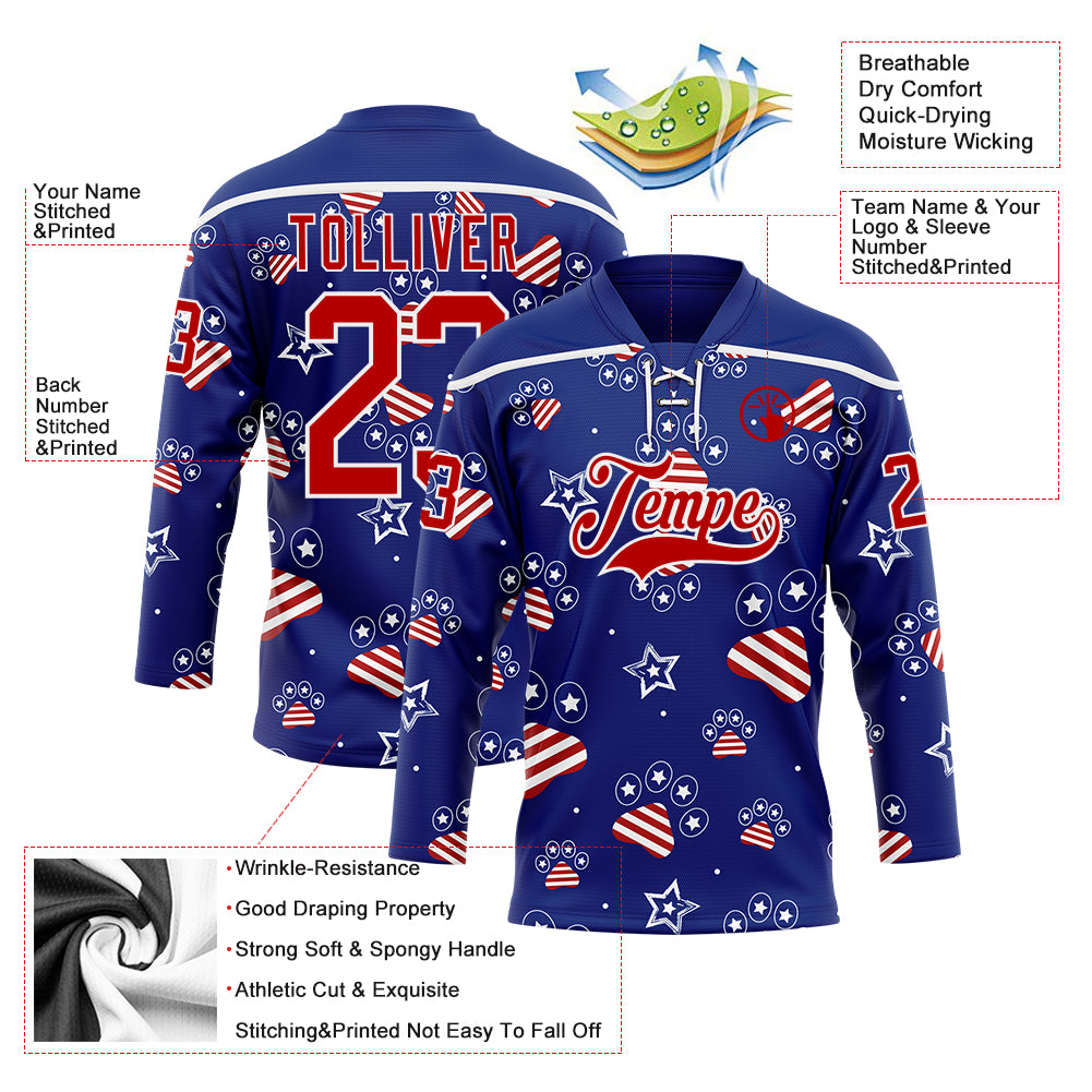 Custom Royal Red-White American Flag Hockey Lace Neck Jersey