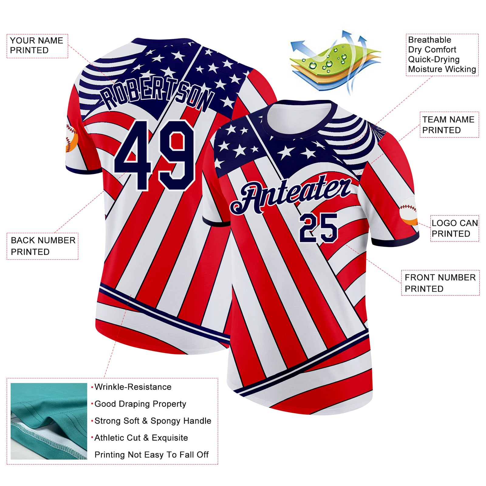 Custom White Blue-Red USA Flag Performance T-Shirt