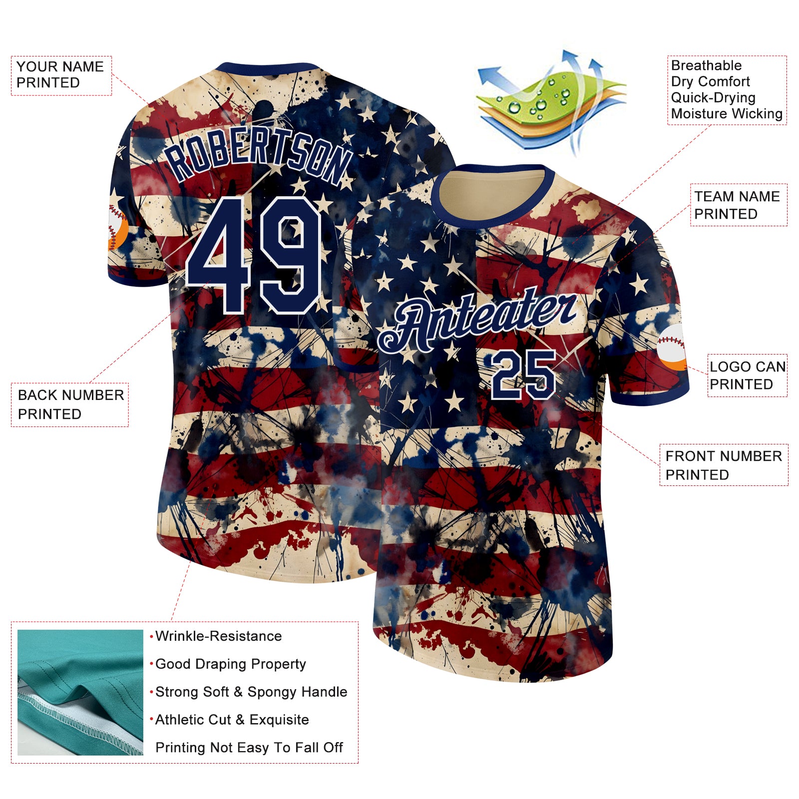 Custom Cream Navy Red-White USA Flag Splash Performance T-Shirt