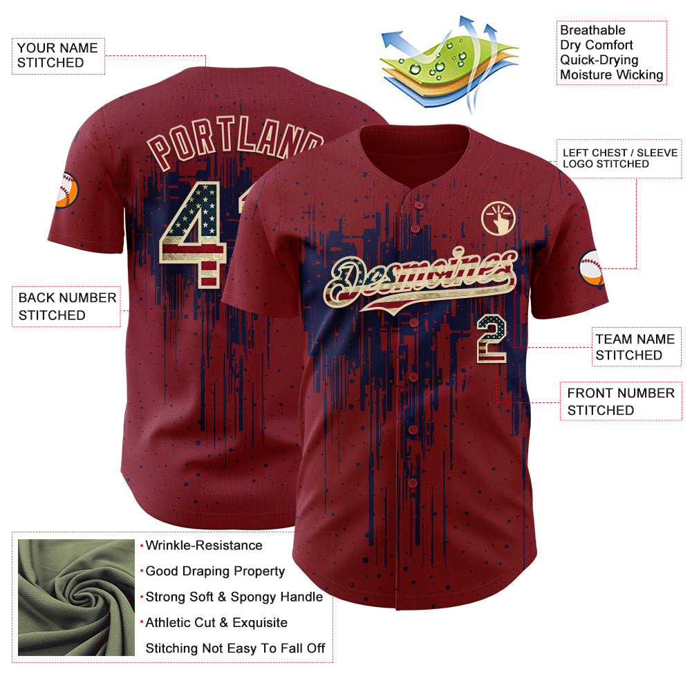 Custom Crimson Vintage USA Flag Cream-Navy 3D Pattern Design Dripping Splatter Paint Authentic Baseball Jersey