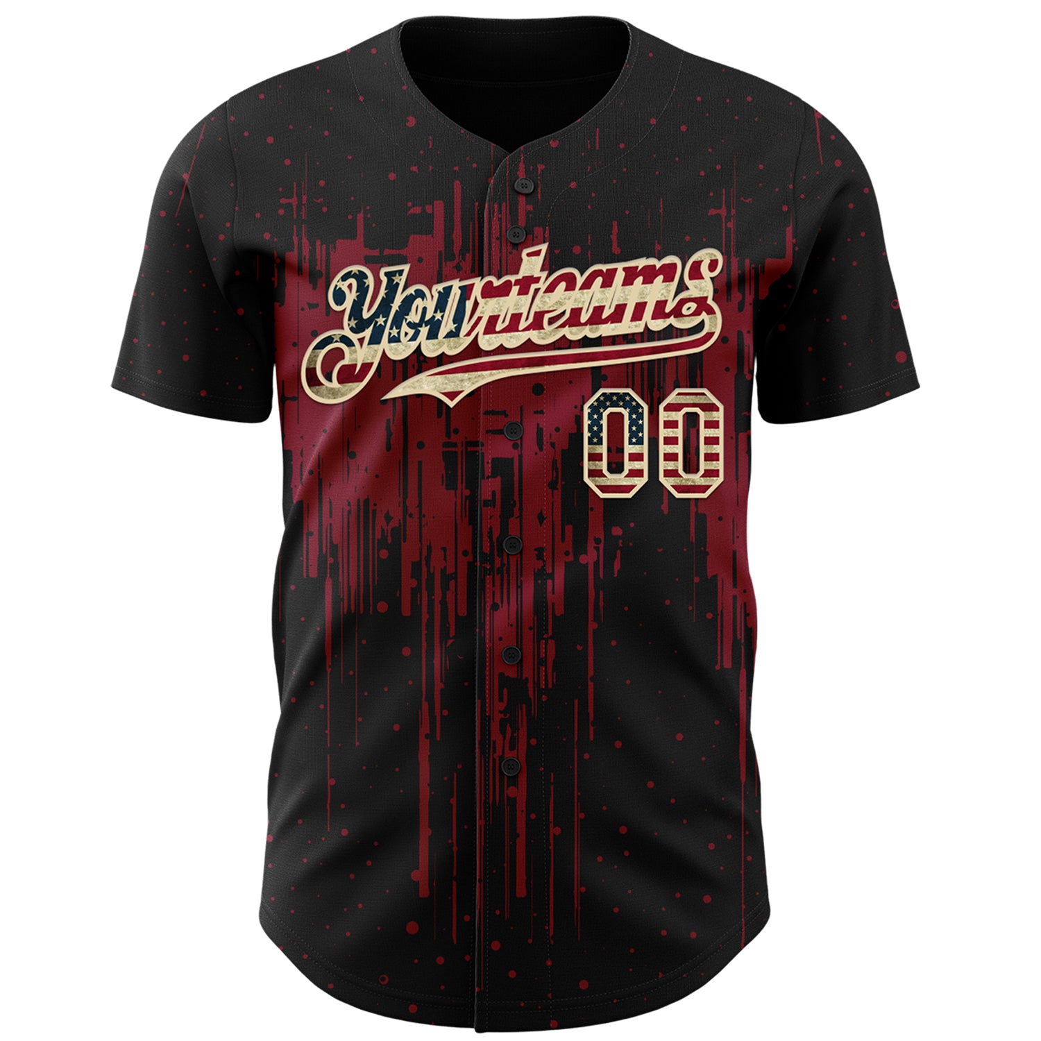 Custom Black Vintage USA Flag Cream-Crimson 3D Pattern Design Dripping Splatter Paint Authentic Baseball Jersey