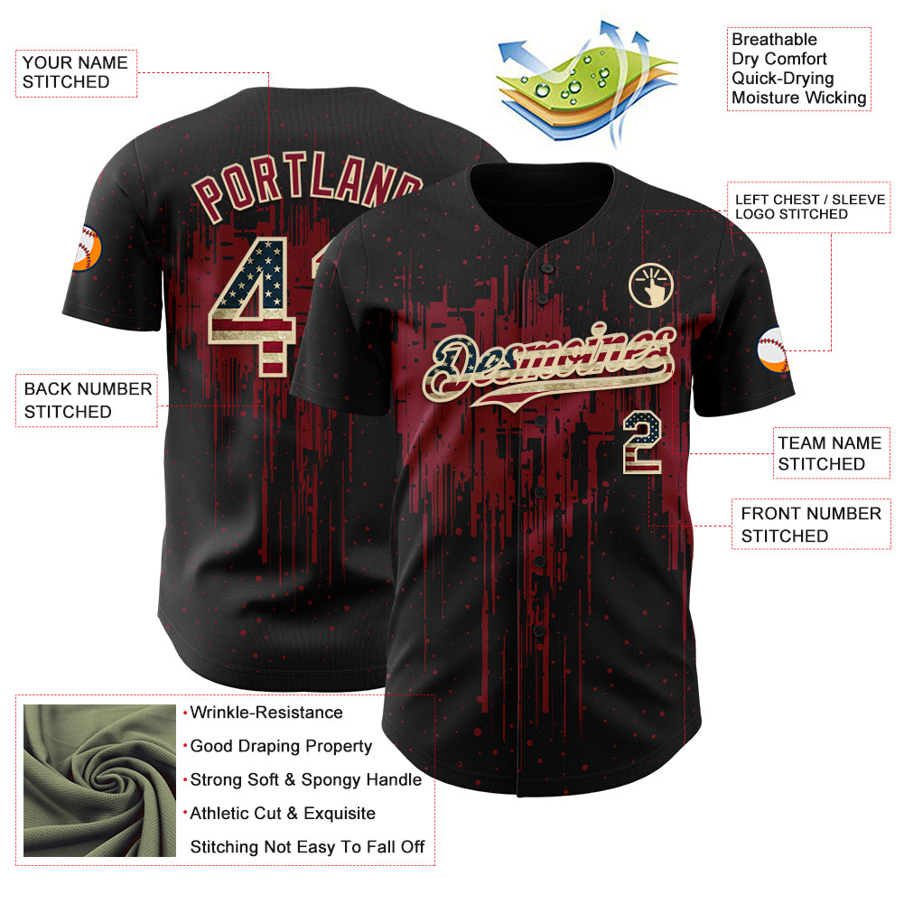 Custom Black Vintage USA Flag Cream-Crimson 3D Pattern Design Dripping Splatter Paint Authentic Baseball Jersey