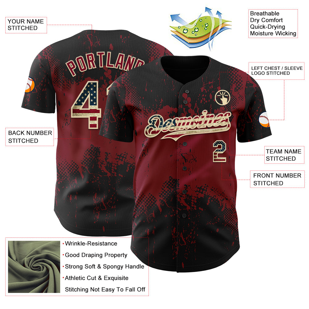 Custom Black Vintage USA Flag Crimson-Cream 3D Pattern Design Abstract Splatter Grunge Paint Authentic Baseball Jersey