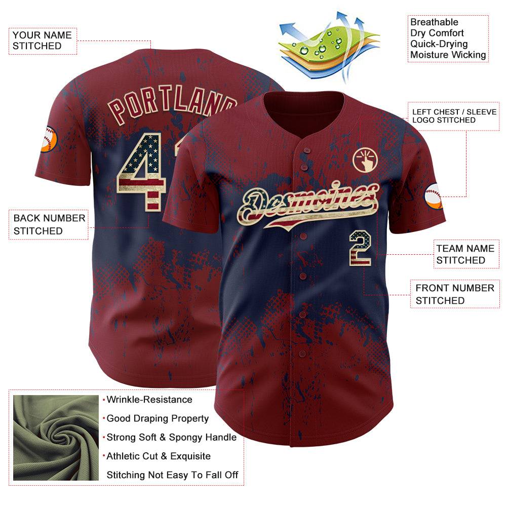 Custom Crimson Vintage USA Flag Navy-Cream 3D Pattern Design Abstract Splatter Grunge Paint Authentic Baseball Jersey