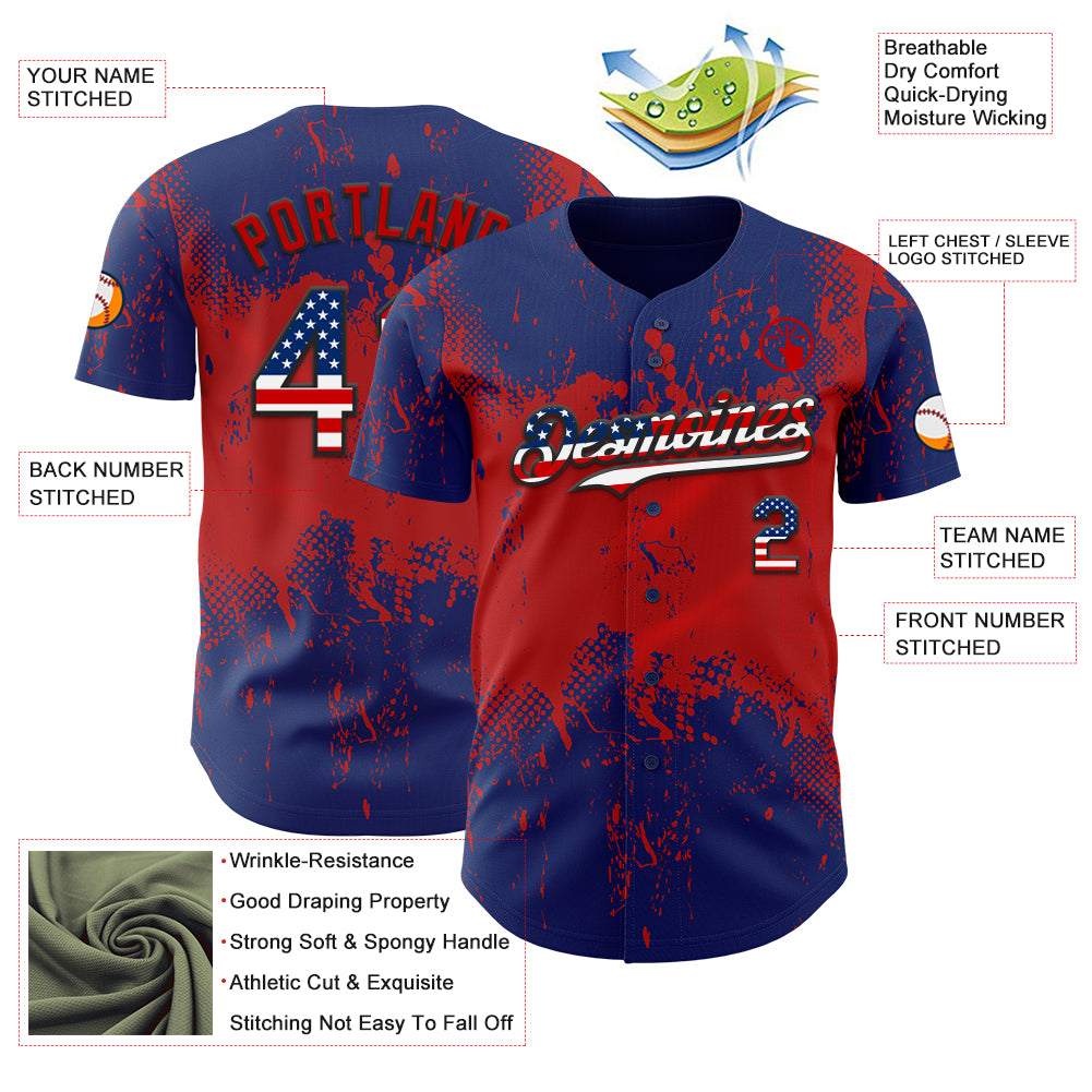 Custom Royal USA Flag Red-Black 3D Pattern Design Abstract Splatter Grunge Paint Authentic Baseball Jersey