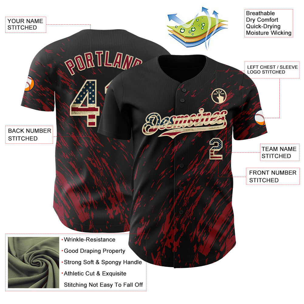 Custom Black Vintage USA Flag Crimson-Cream 3D Pattern Design Paint Stroke Grunge Streak Authentic Baseball Jersey