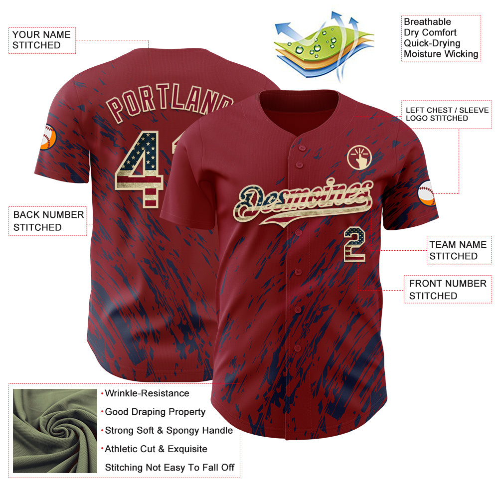 Custom Crimson Vintage USA Flag Navy-Cream 3D Pattern Design Paint Stroke Grunge Streak Authentic Baseball Jersey