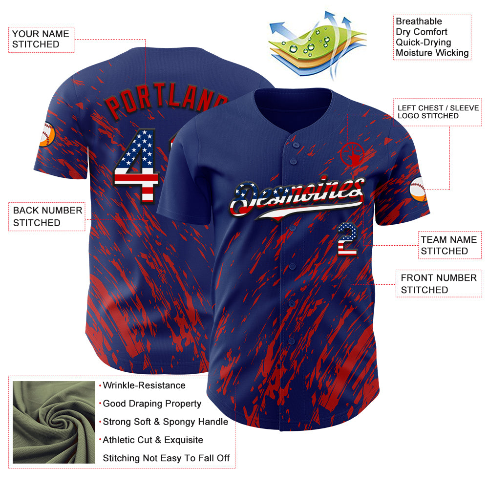Custom Royal USA Flag Red-Black 3D Pattern Design Paint Stroke Grunge Streak Authentic Baseball Jersey