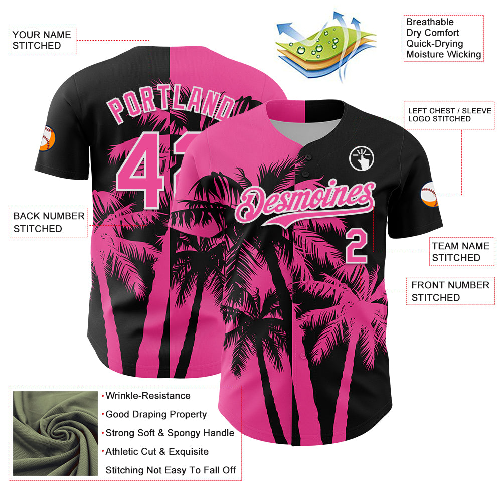 Custom Black Pink-White 3D Pattern Design Hawaii Palm Trees Tropical Coconut Authentic Baseball Jersey