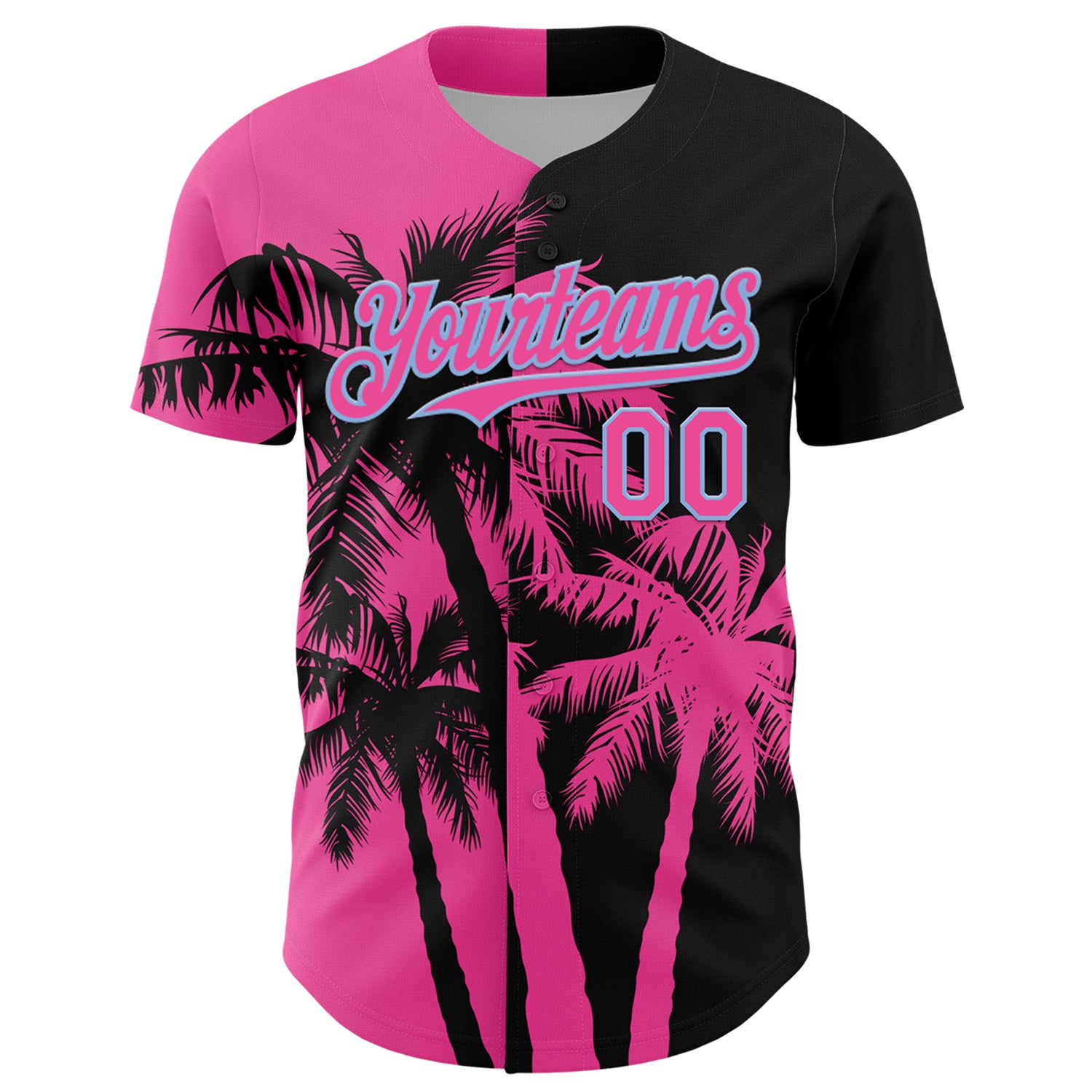 Custom Black Pink-Light Blue 3D Pattern Design Hawaii Palm Trees Tropical Coconut Authentic Baseball Jersey
