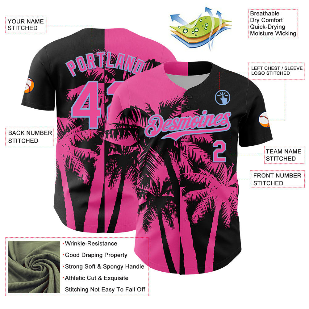 Custom Black Pink-Light Blue 3D Pattern Design Hawaii Palm Trees Tropical Coconut Authentic Baseball Jersey