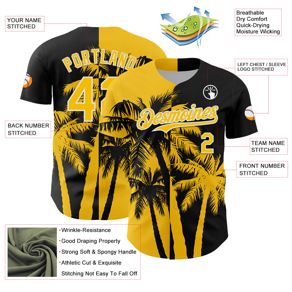 Custom Black Yellow-White 3D Pattern Design Hawaii Palm Trees Tropical Coconut Authentic Baseball Jersey