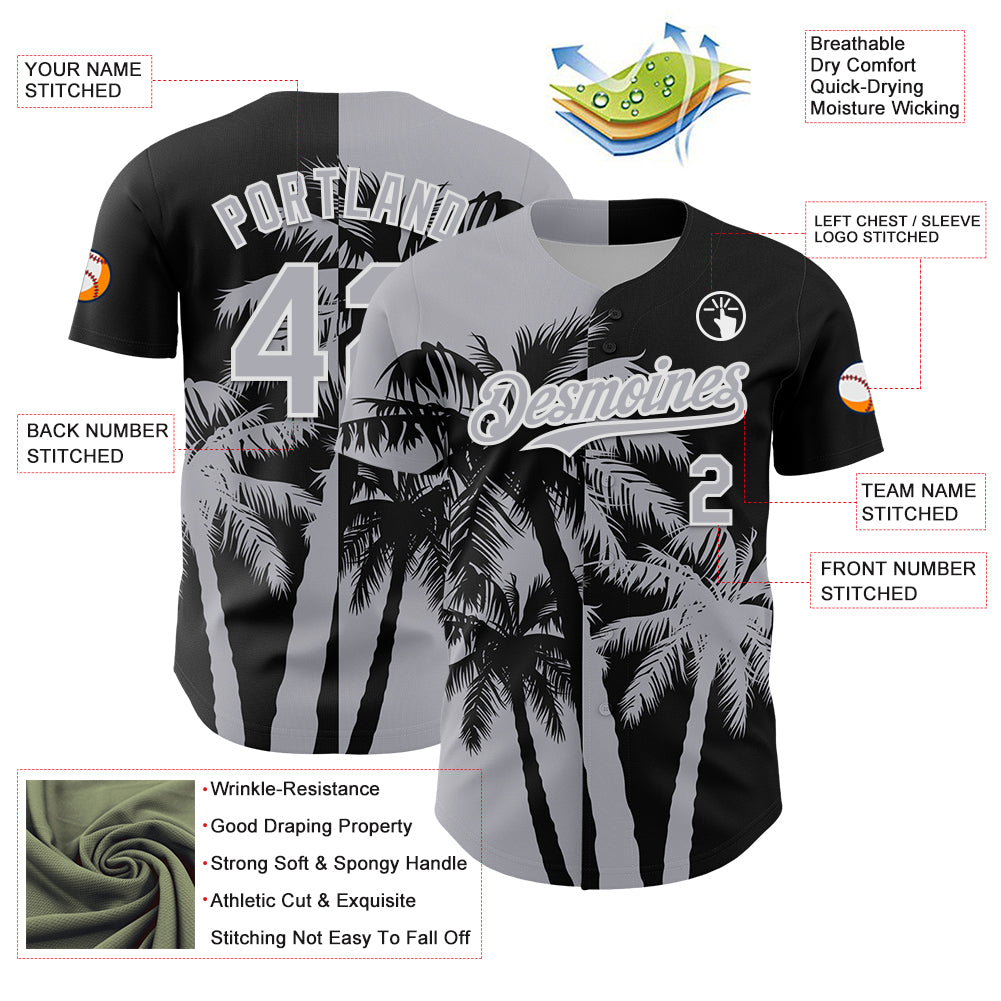 Custom Black Gray-White 3D Pattern Design Hawaii Palm Trees Tropical Coconut Authentic Baseball Jersey
