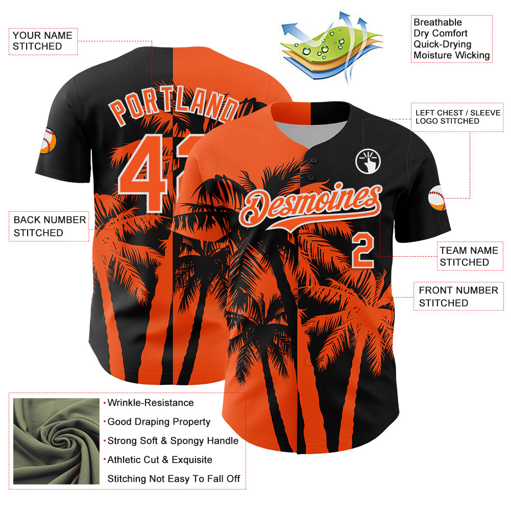 Custom Black Orange-White 3D Pattern Design Hawaii Palm Trees Tropical Coconut Authentic Baseball Jersey