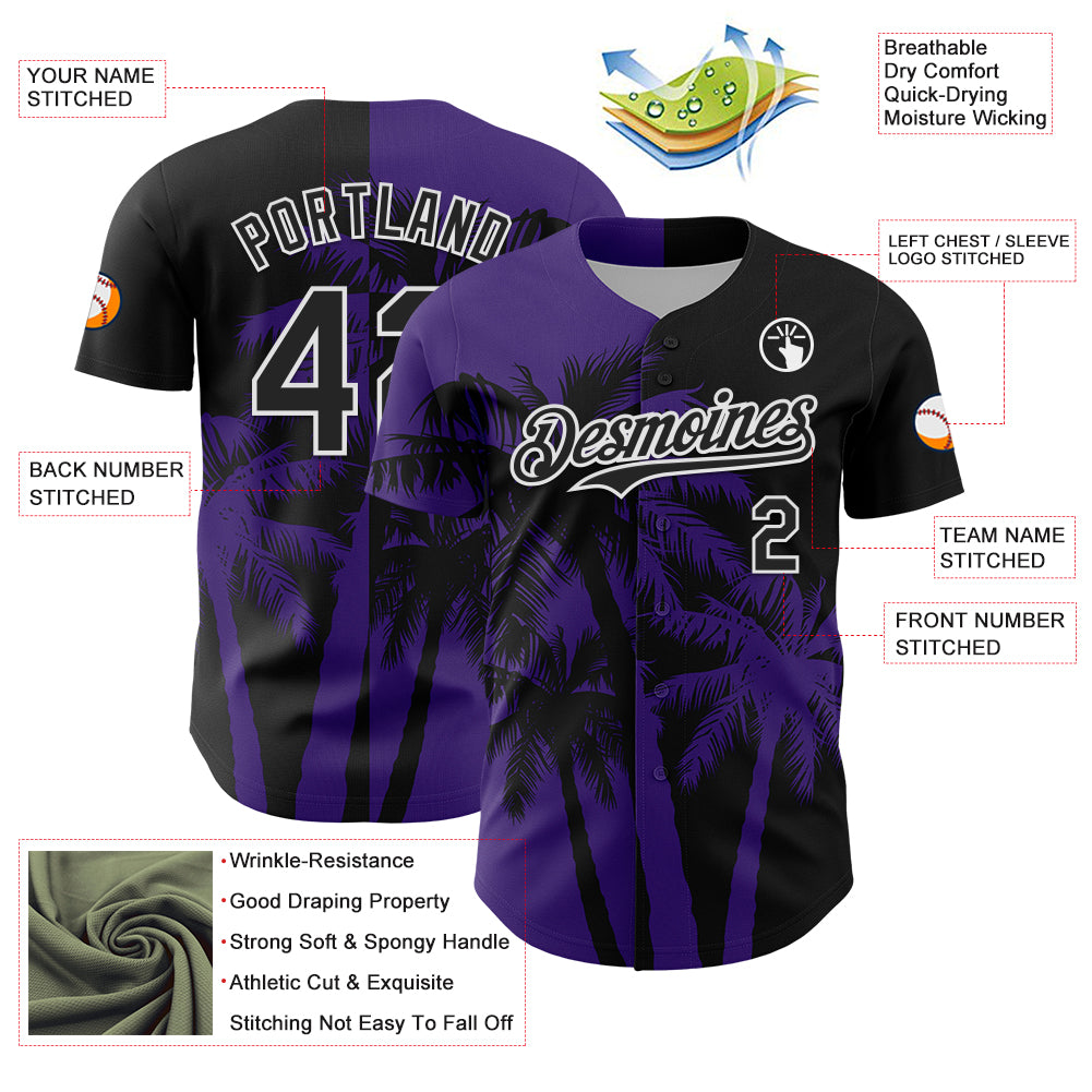 Custom Black Purple-White 3D Pattern Design Hawaii Palm Trees Tropical Coconut Authentic Baseball Jersey