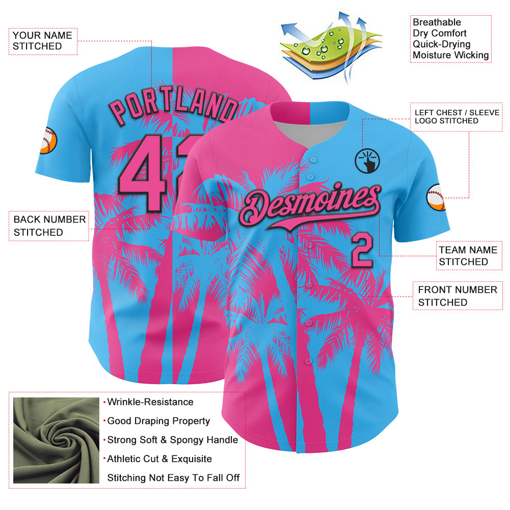 Custom Sky Blue Pink-Black 3D Pattern Design Hawaii Palm Trees Tropical Coconut Authentic Baseball Jersey