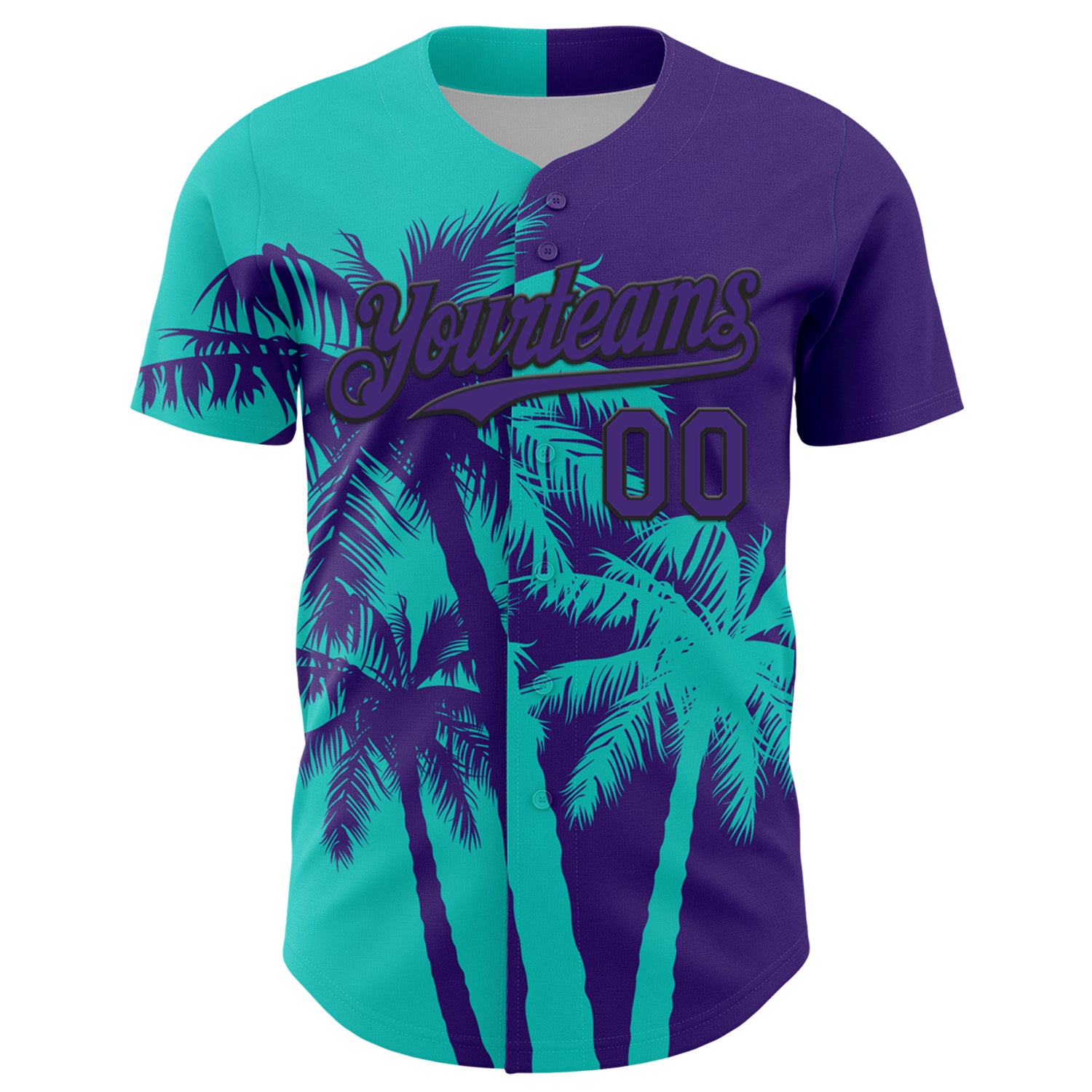 Custom Purple Aqua-Black 3D Pattern Design Hawaii Palm Trees Tropical Coconut Authentic Baseball Jersey