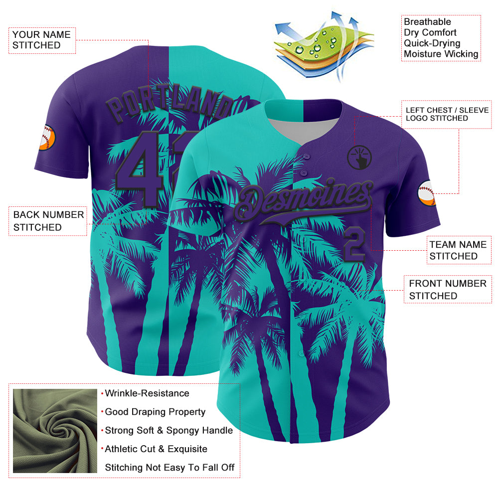 Custom Purple Aqua-Black 3D Pattern Design Hawaii Palm Trees Tropical Coconut Authentic Baseball Jersey