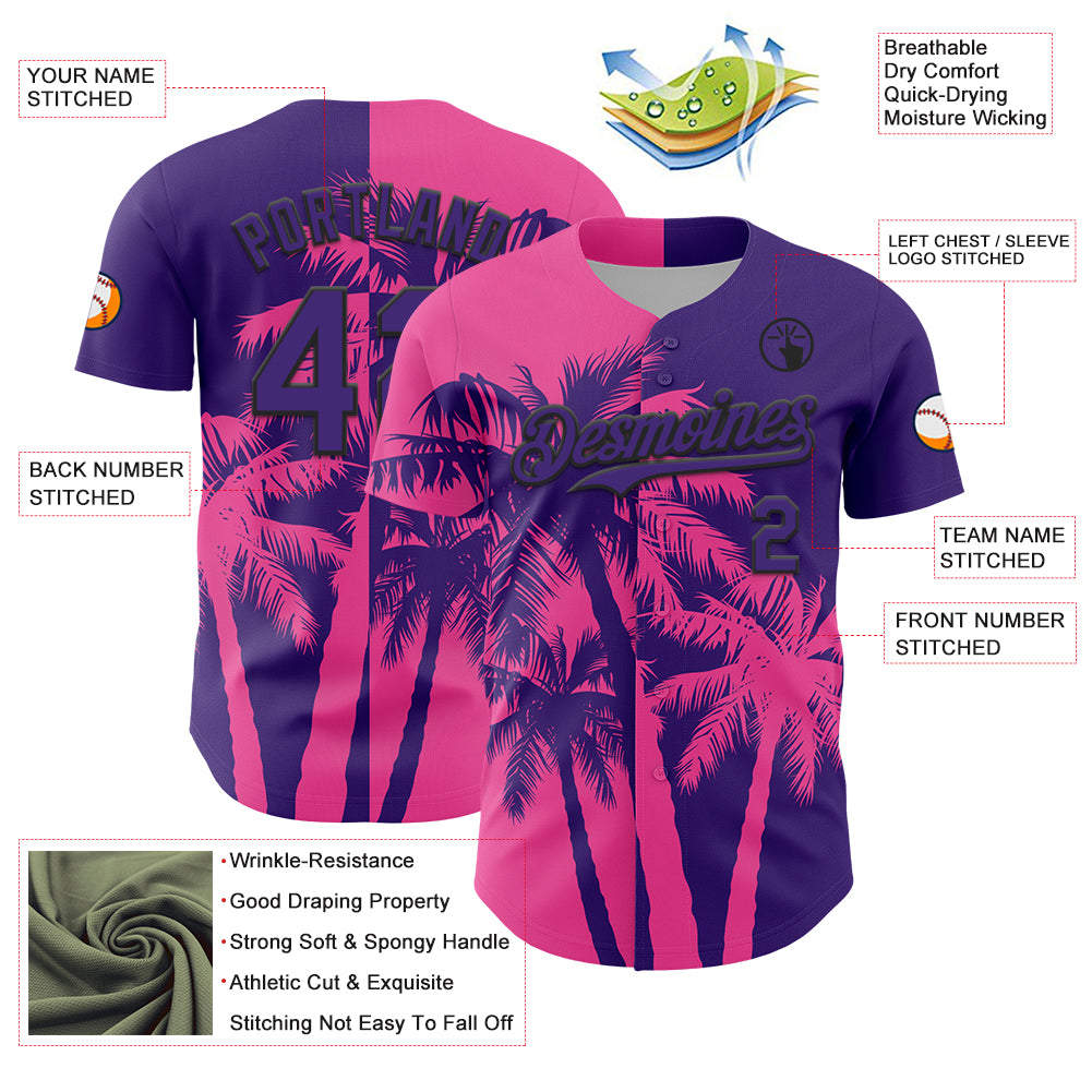 Custom Purple Pink-Black 3D Pattern Design Hawaii Palm Trees Tropical Coconut Authentic Baseball Jersey