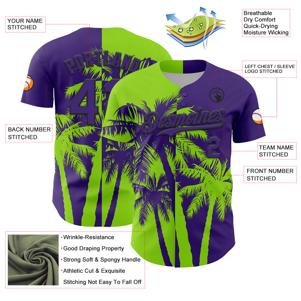 Custom Purple Neon Green-Black 3D Pattern Design Hawaii Palm Trees Tropical Coconut Authentic Baseball Jersey