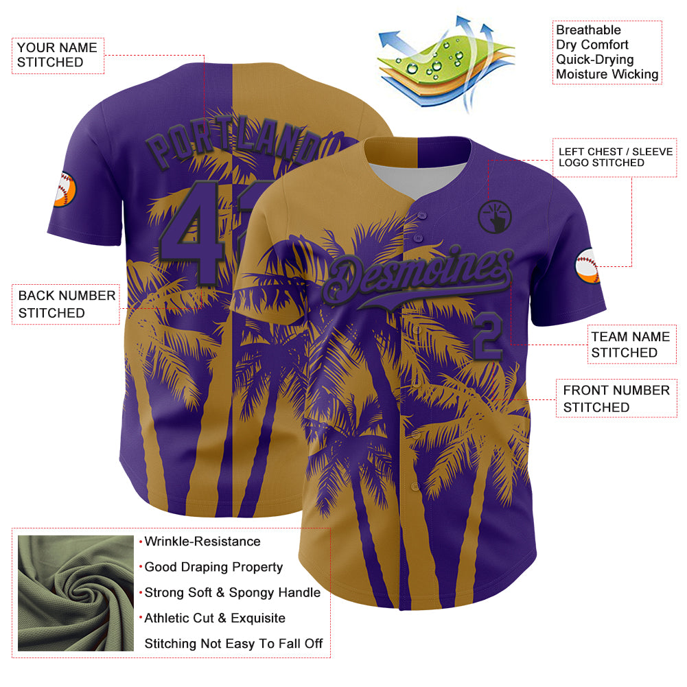 Custom Purple Old Gold-Black 3D Pattern Design Hawaii Palm Trees Tropical Coconut Authentic Baseball Jersey